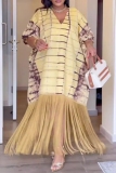 Tangerine Red Casual Print Fringed Trim V Neck Printed Dresses