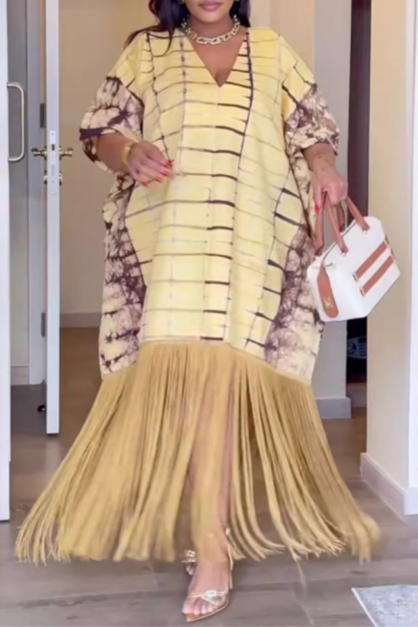 Light Yellow Casual Print Fringed Trim V Neck Printed Dresses