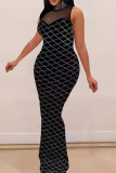 Black Celebrities Plaid Patchwork See-Through Mesh Hot Drill Zipper O Neck Long Dresses