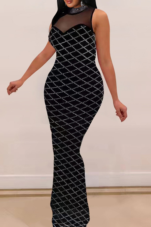 Black Celebrities Plaid Patchwork See-Through Mesh Hot Drill Zipper O Neck Long Dresses