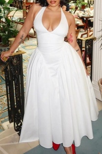 White Sexy Casual Solid Color Backless Belted Halter Long Dresses