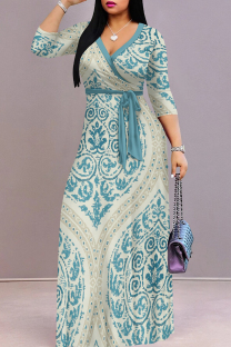Cyan Casual Print Patchwork Strap Design V Neck Long Dresses