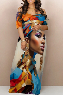 Apricot Casual Street Figure Print Off Shoulder Printed Dresses