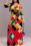 Multicolor Casual Street Geometric Print With Belt Contrast V Neck Printed Dresses