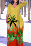 Green Yellow Casual Print Patchwork Belted V Neck Long Dresses
