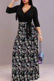 Black And White Casual Print Patchwork Strap Design V Neck Long Dresses