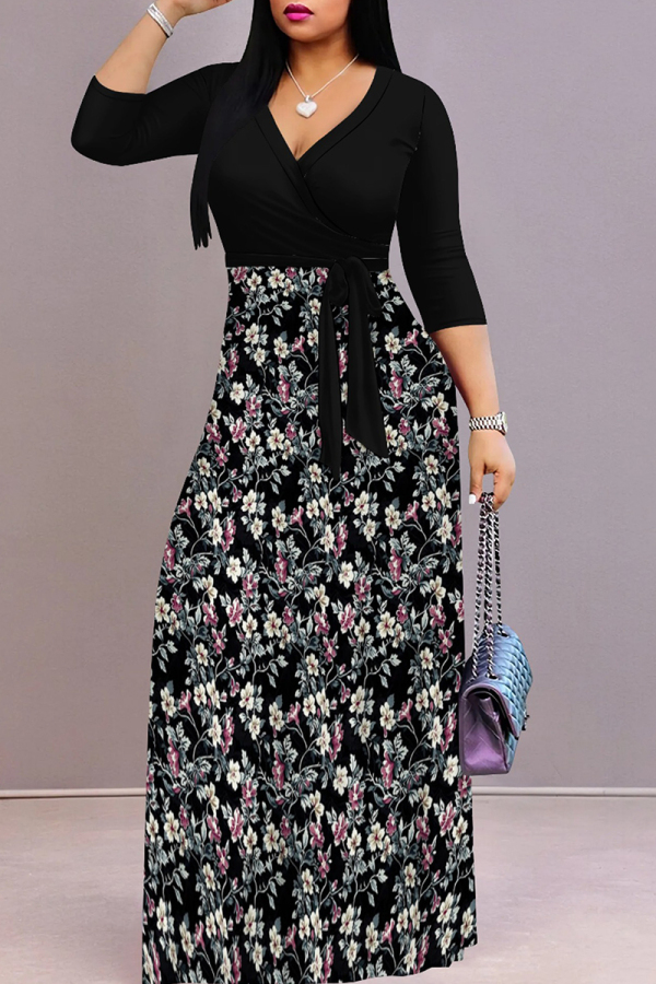 Black And White Casual Print Patchwork Strap Design V Neck Long Dresses