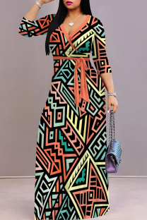 Orange Casual Print Patchwork Strap Design V Neck Long Dresses
