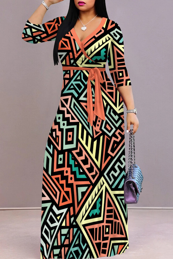 Orange Casual Print Patchwork Strap Design V Neck Long Dresses