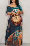 White Casual Street Figure Print Off Shoulder Printed Dresses
