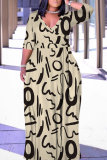 Apricot Casual Print Patchwork Belted V Neck Long Dresses