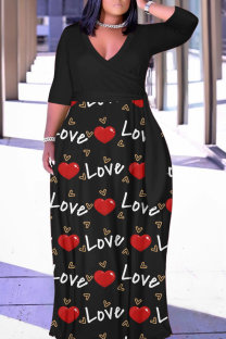 Black Casual Print Patchwork Belted V Neck Long Dresses