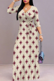 White Casual Street Geometric Print With Belt Contrast V Neck Printed Dresses