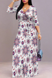 White Casual Street Geometric Print With Belt Contrast V Neck Printed Dresses