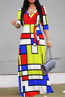 Multicolor Casual Street Daily Geometric Print With Belt Contrast V Neck Printed Dresses