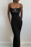 Black Street Letters Patchwork Backless Hot Drill Spaghetti Strap Sling Dresses