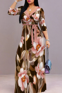 Pink Casual Print Patchwork Strap Design V Neck Long Dresses