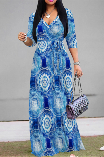 Blue Casual Street Geometric Print With Belt Contrast V Neck Printed Dresses