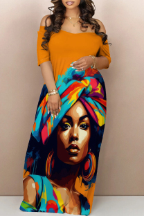 Orange Casual Street Figure Print Off Shoulder Printed Dresses