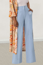 Blue Casual Daily Letter Print Buttons Zipper Loose High Waist Straight Positioning Print Bottoms