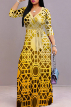 Gold Casual Print Patchwork Strap Design V Neck Long Dresses