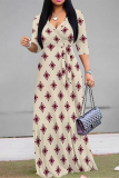 White Casual Street Geometric Print With Belt Contrast V Neck Printed Dresses