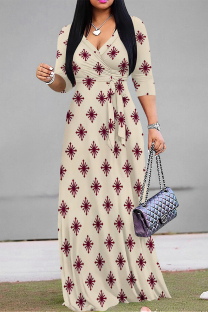 Beige Casual Street Geometric Print With Belt Contrast V Neck Printed Dresses