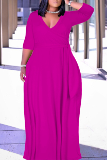 Rose Red Casual Solid Color Belted V Neck Long Dresses