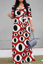Red Casual Street Geometric Print With Belt Contrast V Neck Printed Dresses