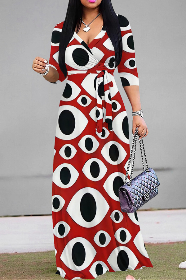 Red Casual Street Geometric Print With Belt Contrast V Neck Printed Dresses