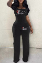 Black Casual Letters Patchwork Hot Drill U Neck Short Sleeve Two Pieces