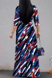 Dark Blue Red Casual Street Geometric Print The stars Lace Up Contrast V Neck Printed Dresses