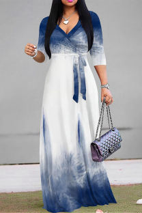 Blue White Casual Street Geometric Print With Belt Contrast V Neck Printed Dresses