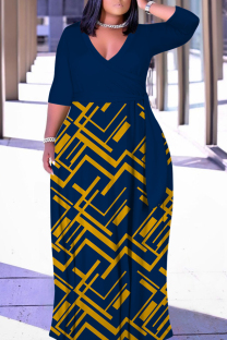 Tibetan Blue Casual Print Patchwork Belted V Neck Long Dresses