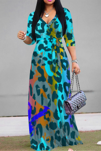 Lake Blue Casual Street Leopard Print Lace Up Contrast V Neck Printed Dresses