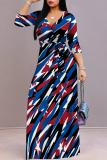 Dark Blue Red Casual Street Geometric Print The stars Lace Up Contrast V Neck Printed Dresses