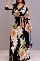 Pink Gray Casual Print Patchwork Strap Design V Neck Long Dresses