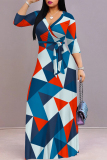 Multicolor Casual Street Geometric Print With Belt Contrast V Neck Printed Dresses