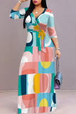 Multicolor Casual Street Geometric Print With Belt Contrast V Neck Printed Dresses