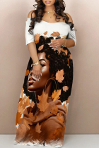 White Casual Street Figure Print Off Shoulder Printed Dresses
