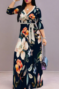 Multicolor Casual Print Patchwork Strap Design V Neck Long Dresses