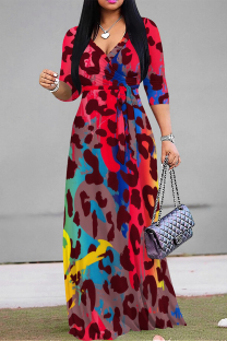 Red Casual Street Leopard Print Lace Up Contrast V Neck Printed Dresses