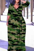 Camouflage Casual Print Patchwork Belted V Neck Long Dresses