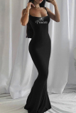 Black Street Letters Patchwork Backless Hot Drill Spaghetti Strap Sling Dresses