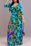 Purple Casual Street Leopard Print Lace Up Contrast V Neck Printed Dresses