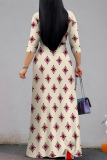 White Casual Street Geometric Print With Belt Contrast V Neck Printed Dresses
