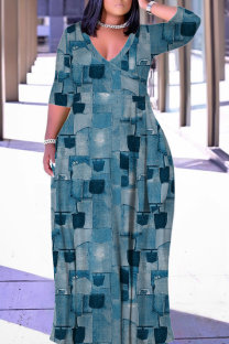 The cowboy blue Casual Print Patchwork Belted V Neck Long Dresses