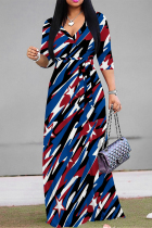 Red Blue Casual Street Geometric Print The stars Lace Up Contrast V Neck Printed Dresses