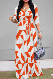 Orange Casual Street Geometric Print With Belt Contrast V Neck Printed Dresses