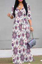 White Casual Street Geometric Print With Belt Contrast V Neck Printed Dresses